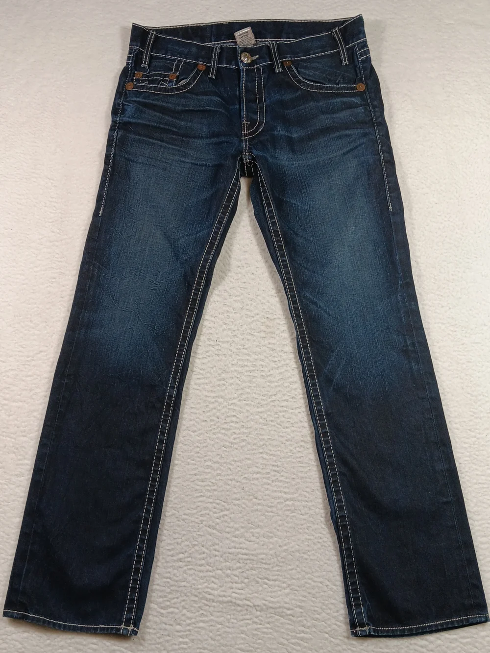 True Religion Jeans Mens 34x34 Blue Denim Logan Big T Straight Thick Stitch